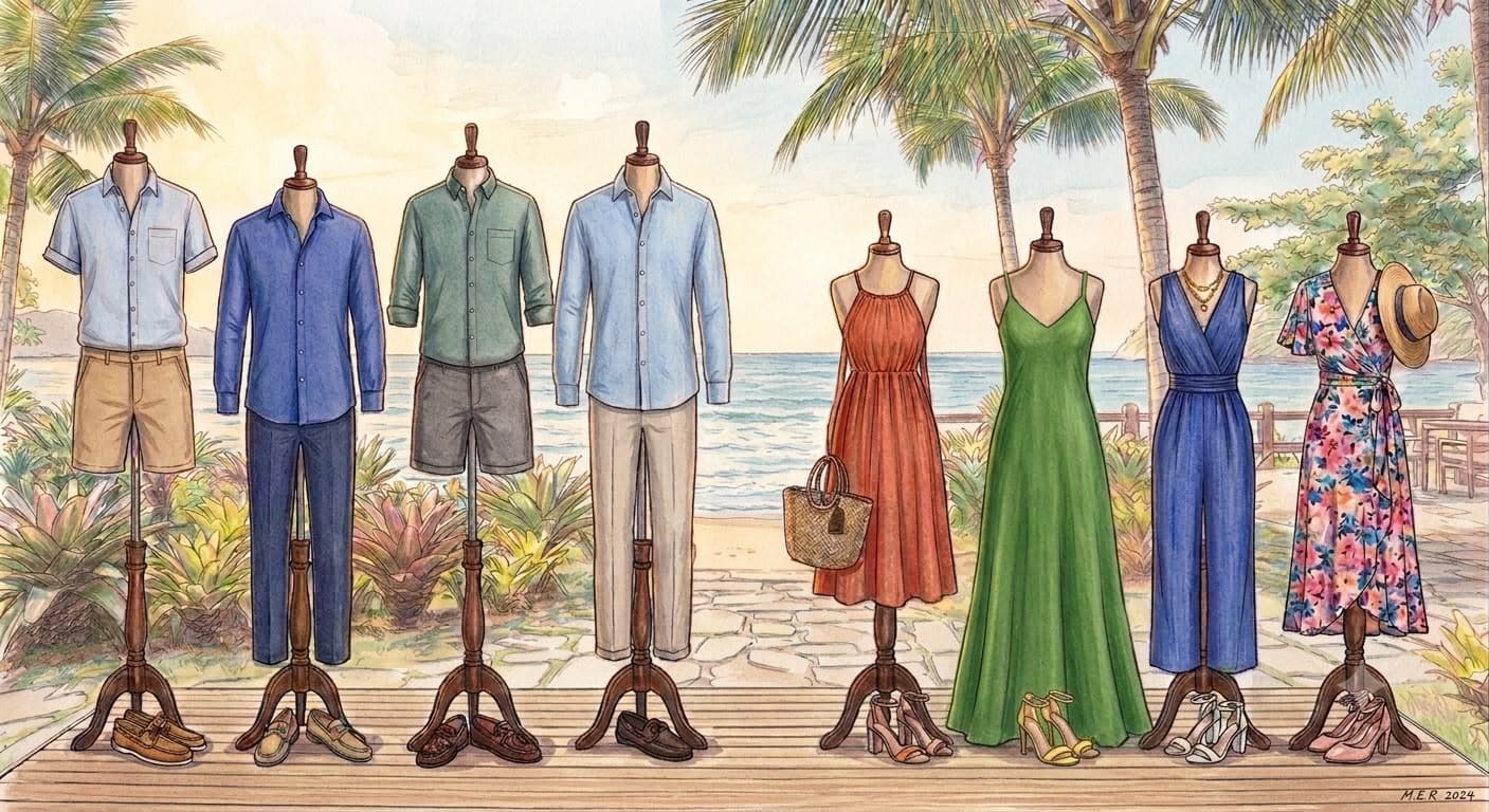 Ilustração de trajes esporte fino praiano — opções para homens e mulheres